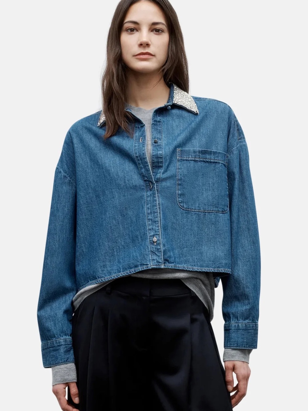 NWT Twp MY EX'S DENIM WITH CRYSTAL COLLAR IN PARIS size xs/small